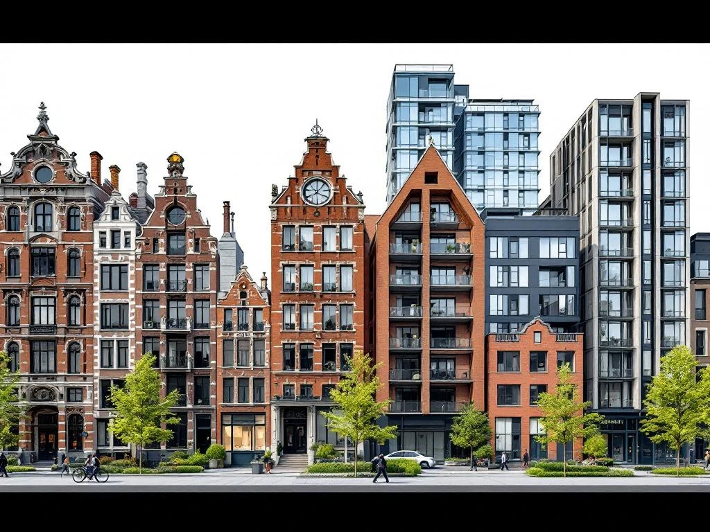 Architectuurrendering van Amsterdam Zuid met diverse bouwstijlen: Amsterdamse School, functionalistisch, moderne glazen torens