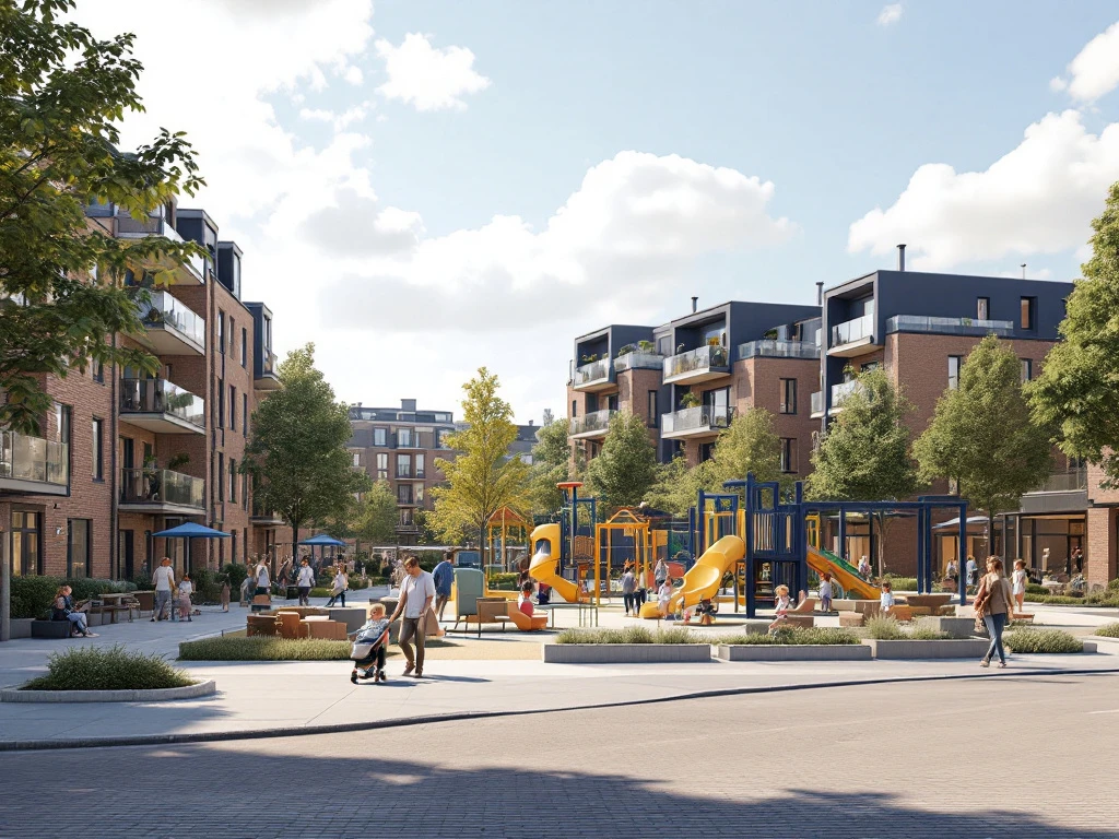 Moderne gezinsvriendelijke wijk Amsterdam Zuid met kinderdagverblijven, speelplaatsen en ouders met kinderwagens tussen appartementen