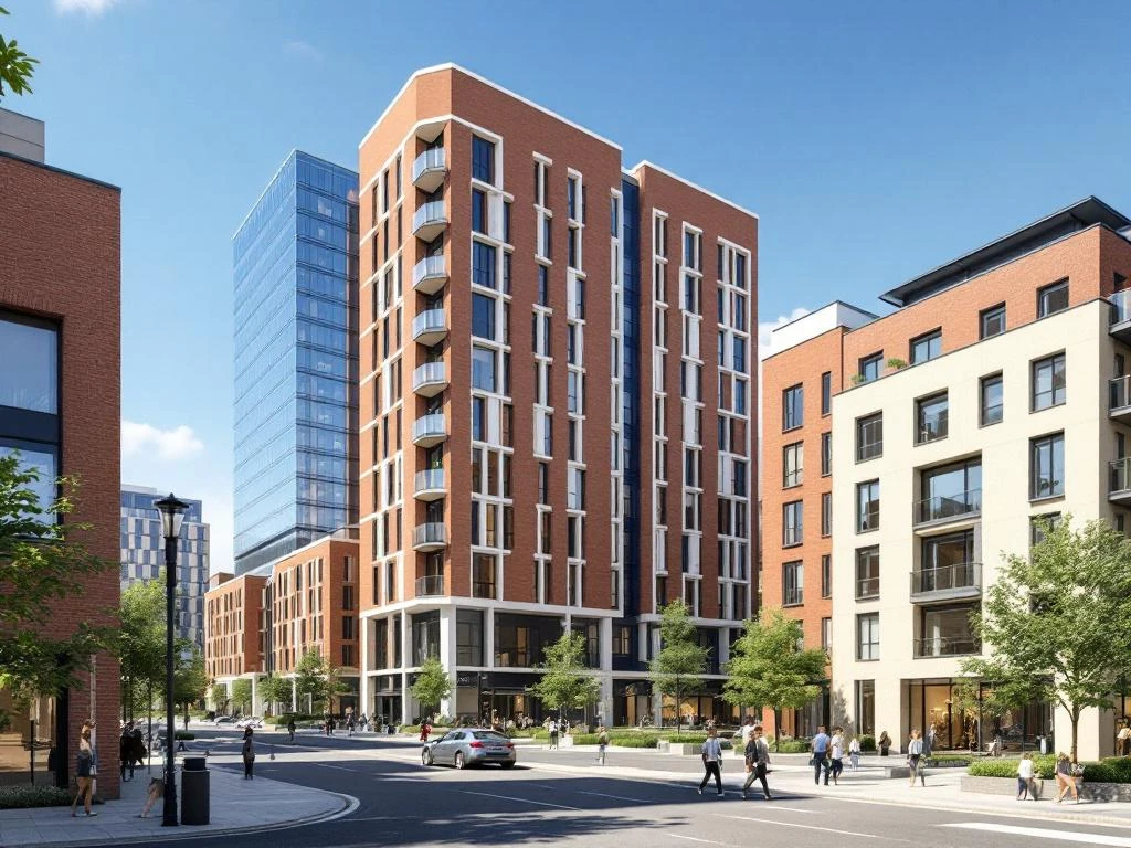 Modern kantoorgebouwen en woningbouw in Amsterdam Zuidas met glazen torens, bakstenen gevels en groenvoorzieningen