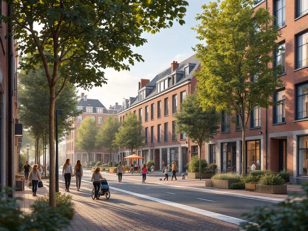 Architecturale 3D-visualisatie van De Pijp Amsterdam met bakstenen appartementen, families op straat en speelplaats