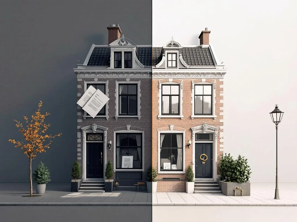 Amsterdam grachtenpand met visuele scheiding: eigendomssleutels en documenten links, trouwringen en juridische papieren rechts
