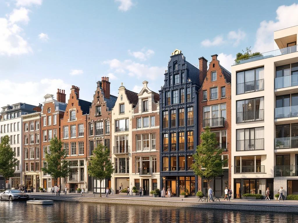 3D visualisatie van Amsterdamse grachtenpanden en moderne woningen met erfpacht, traditionele bakstenen gevels en hedendaagse architectuur.