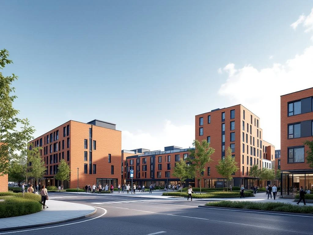 Moderne woonwijk IJburg Amsterdam met appartementen, school, winkelcentrum en tramlijn in architecturale 3D-visualisatie