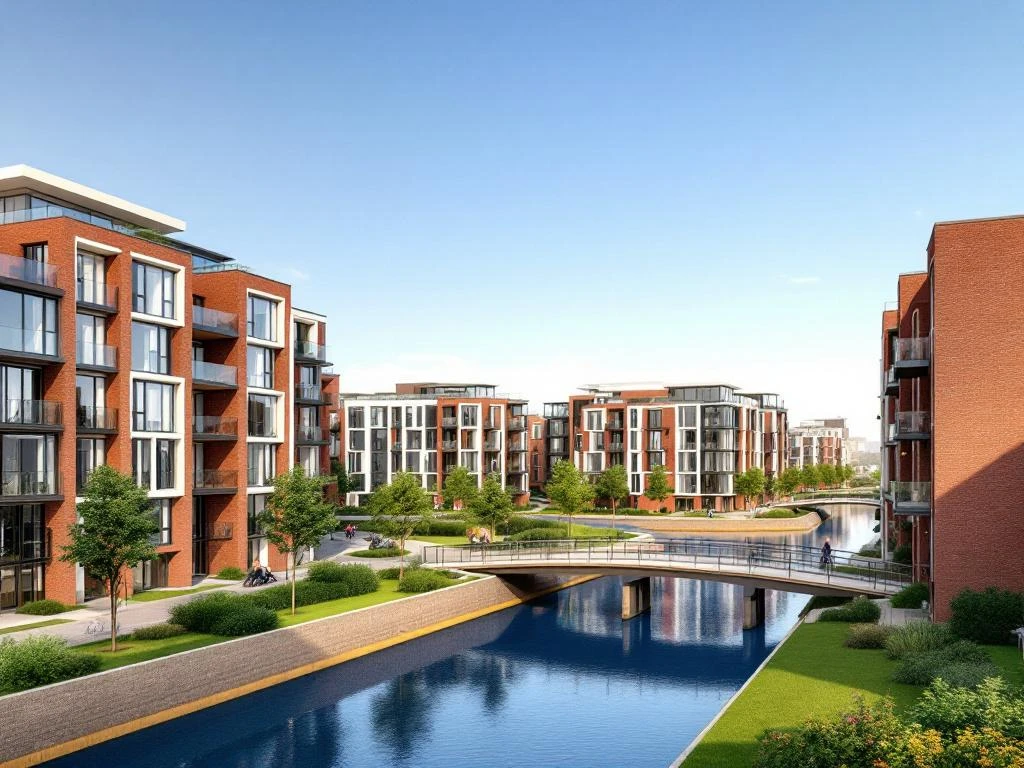 3D-visualisatie van moderne woningbouw IJburg Amsterdam met glazen appartementen langs grachten en bruggen tussen eilanden