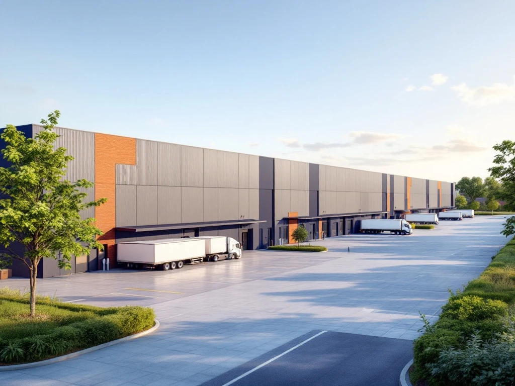 Moderne logistieke magazijncomplexen met laaddokken en kantoorruimtes in Nederlandse vastgoedmarkt, 3D rendering