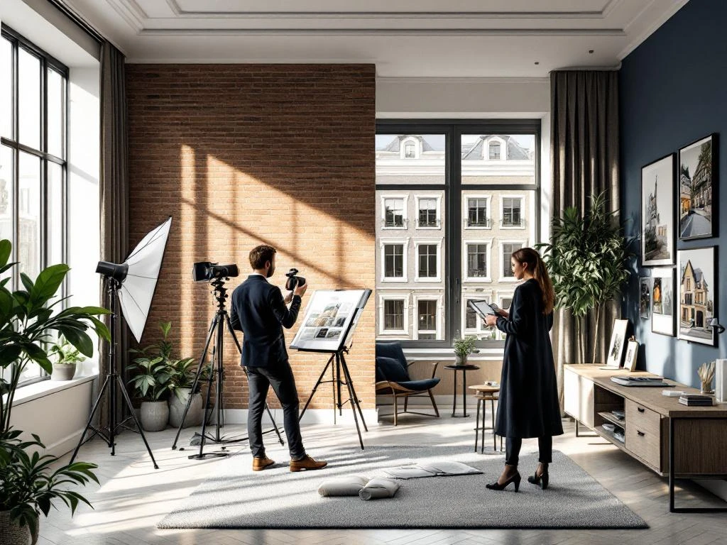Moderne Amsterdam makelaar kantoor met fotograaf, professionele camera-apparatuur en grachtenpand foto's op schermen