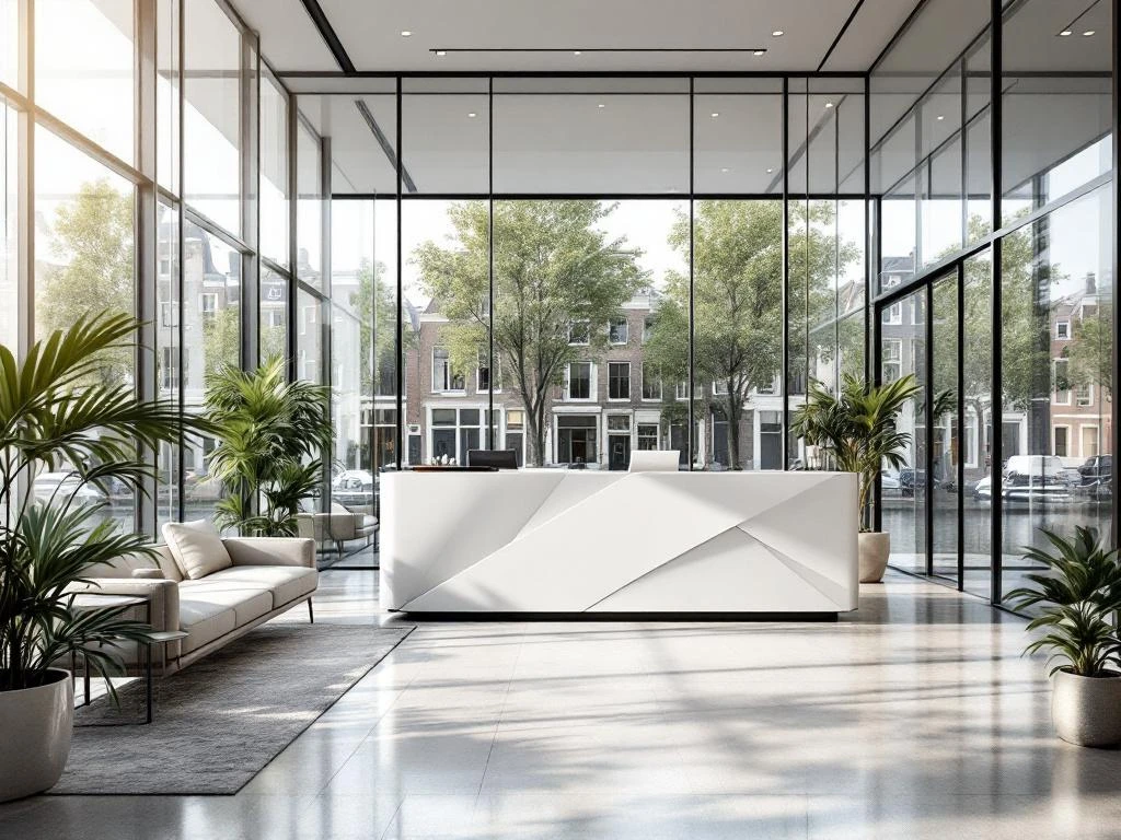 Moderne vastgoedkantoor interieur met witte receptiebalie, glazen panelen en Amsterdamse grachten op achtergrond