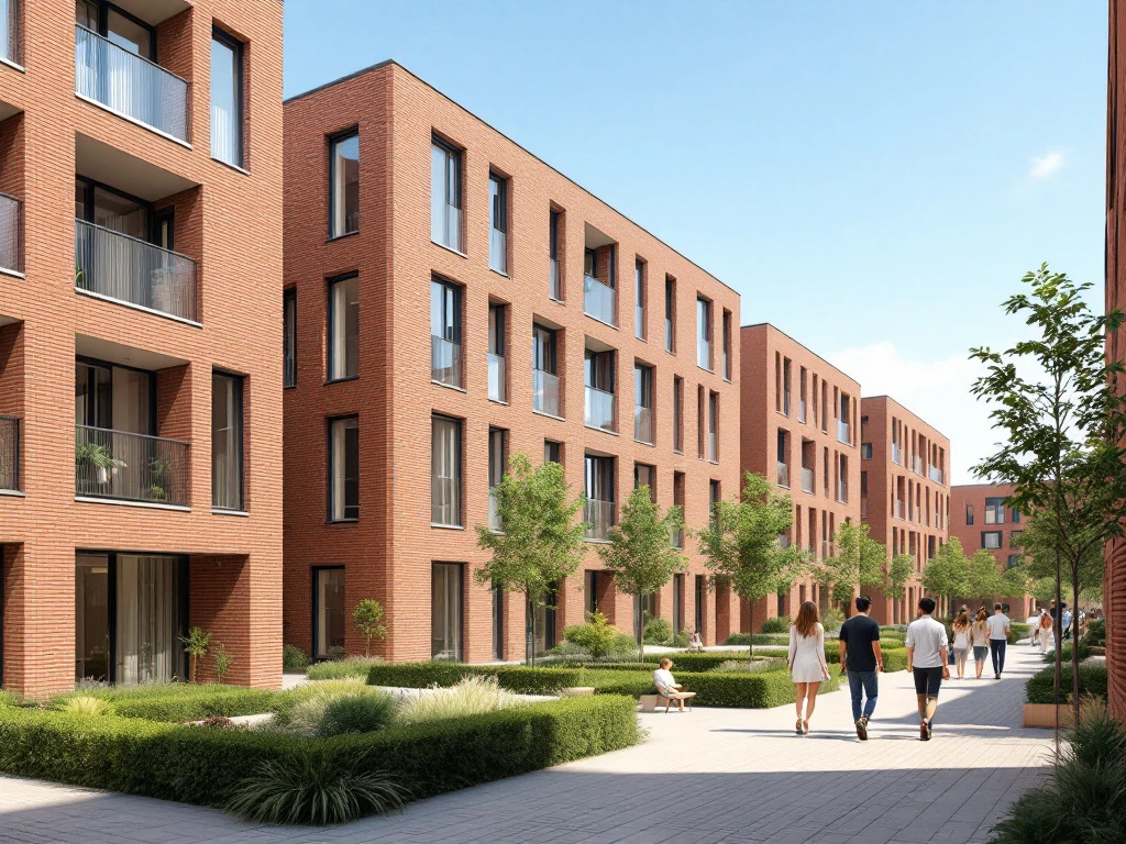 Moderne sociale woningbouw Amsterdam met bakstenen gevels, binnenplaats met groen en bewoners die wandelen