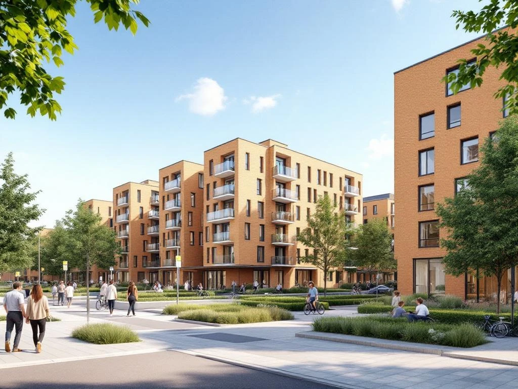 Moderne sociale woningbouw Amsterdam met bakstenen gevels, groene ruimtes en fietspaden in daglicht