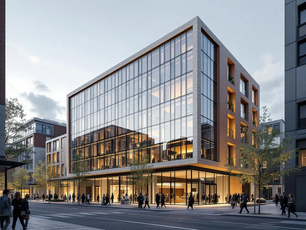 Moderne kantoorgebouw Amsterdam met glazen gevel, bakstenen accenten en navy structurele elementen, mensen op straatniveau