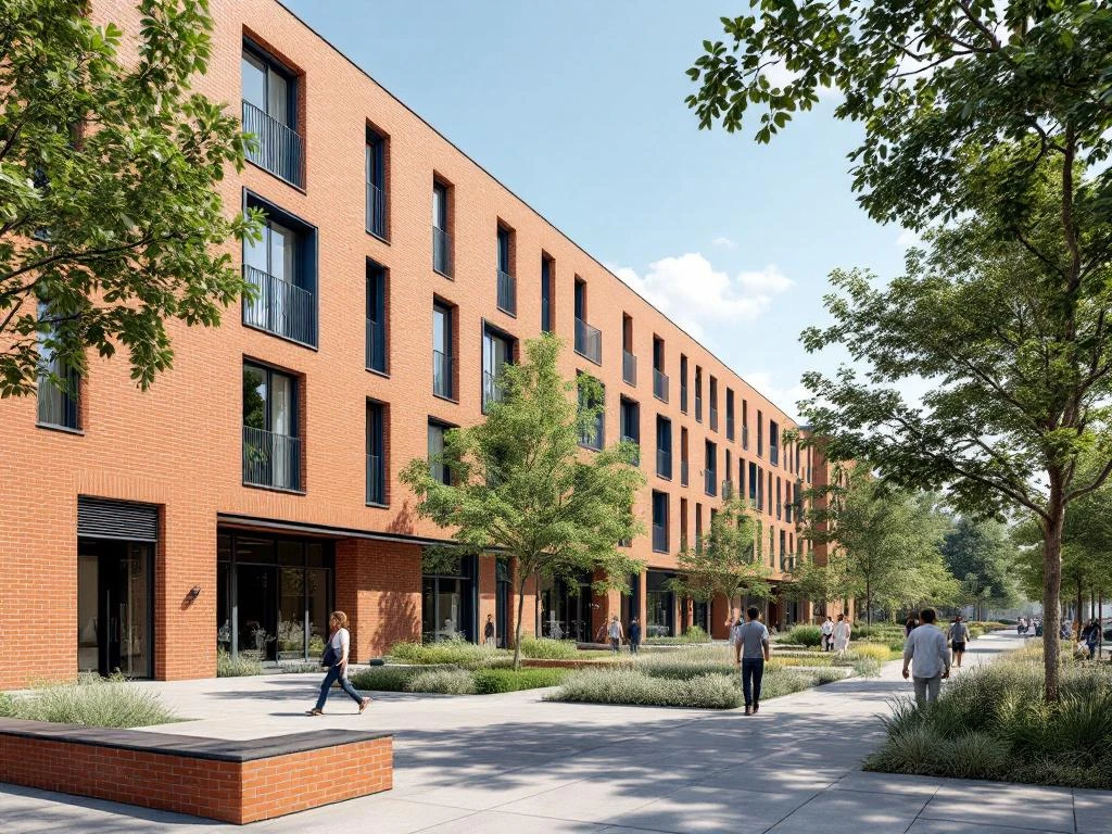 Moderne sociale woningbouw Amsterdam met bakstenen gevels, groene buitenruimte en wandelende bewoners