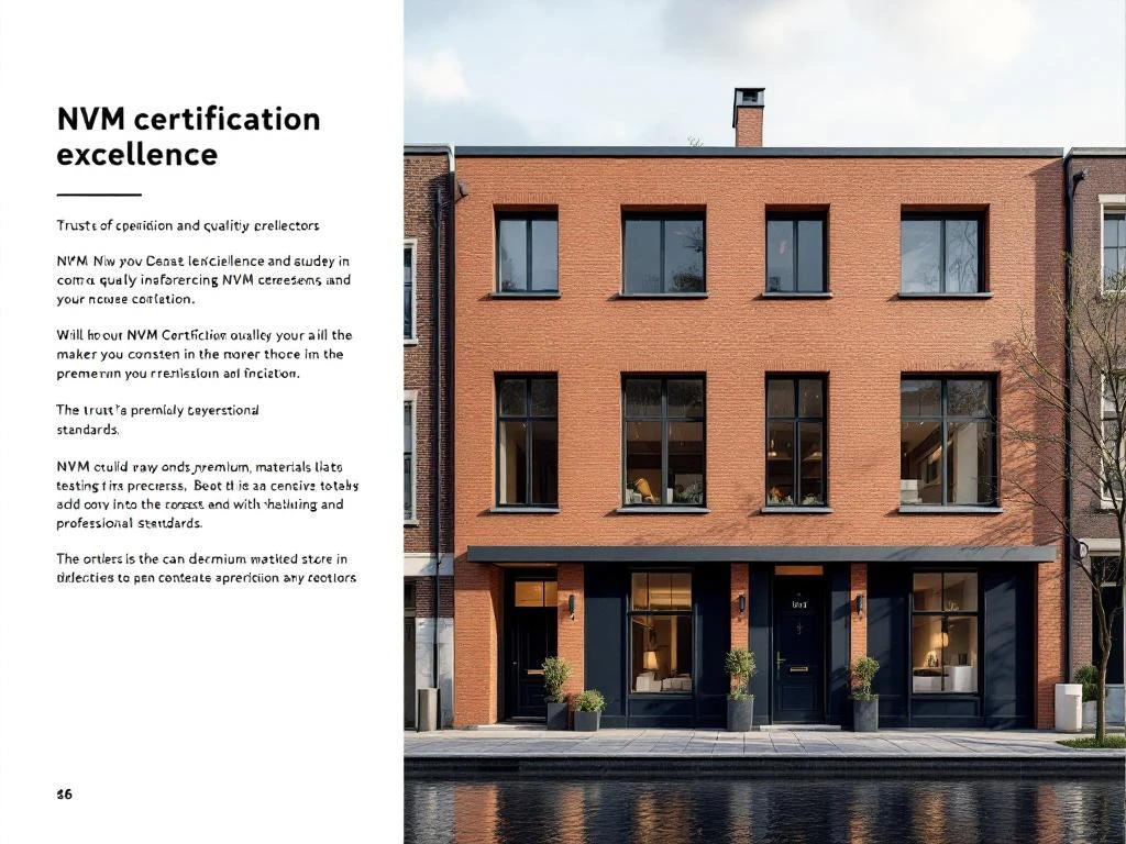 NVM-gecertificeerd bakstenen grachtenpand in Amsterdam met grote ramen en elegante entree, weerspiegeld in kanaalwater