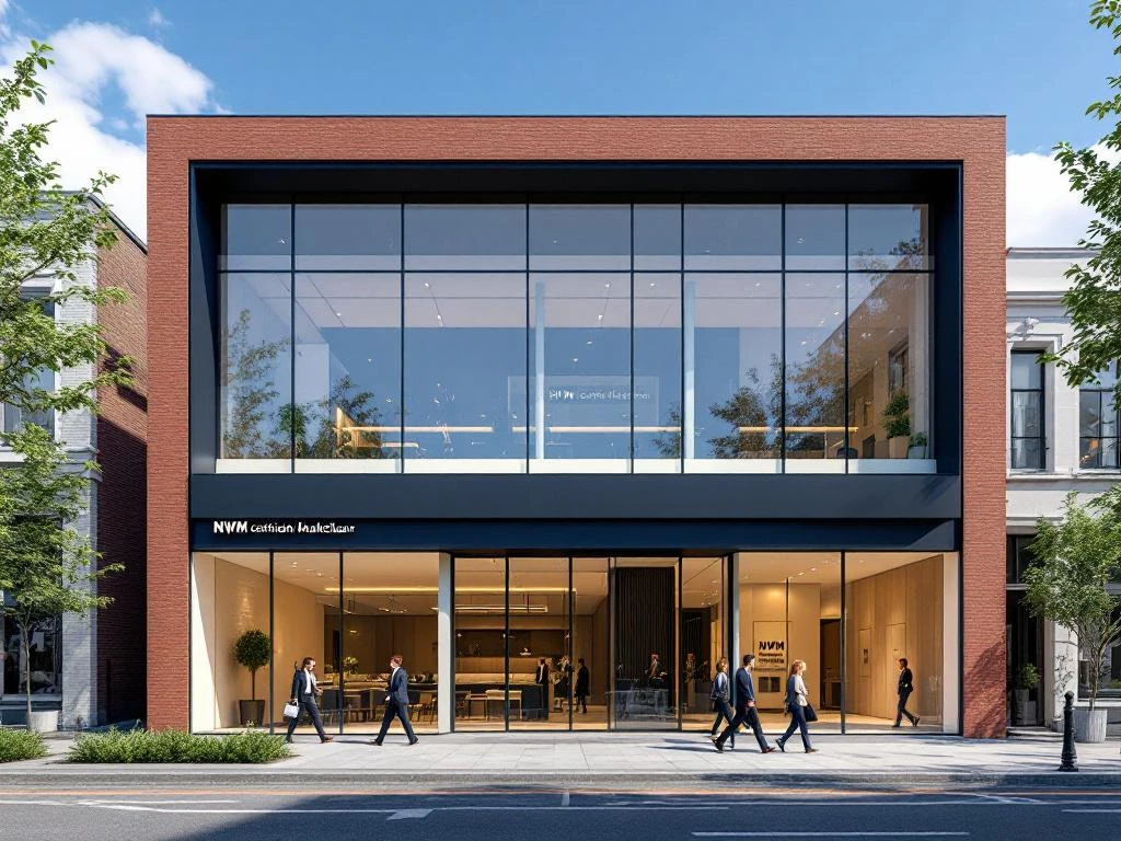 Modern Amsterdam makelaarskantoor met NVM-certificering, glazen gevel en professionals bij de ingang