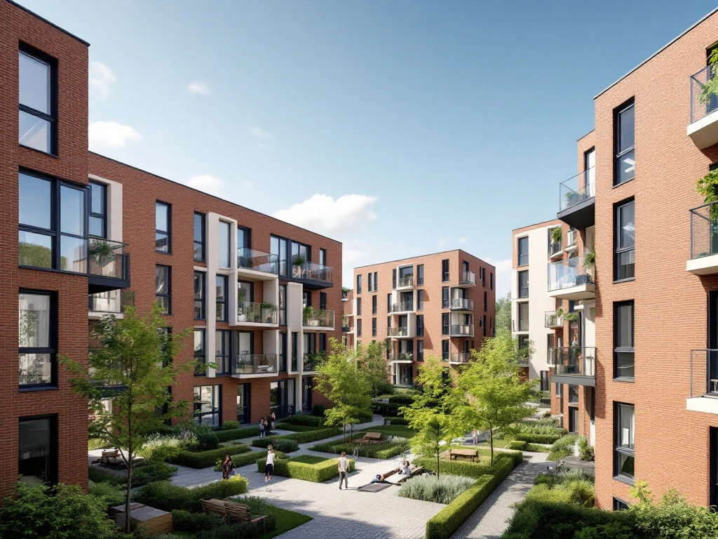 Moderne sociale woningbouw Amsterdam met bakstenen gevels, groene binnentuinen en geometrische architectuur in 3D rendering.