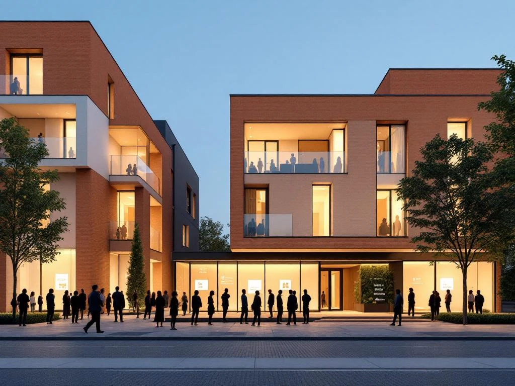 Moderne sociale woningbouw Amsterdam met wachtrij bewoners bij toewijzingskantoor en verlichte appartementen