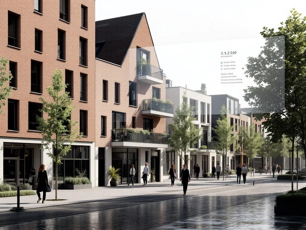 Moderne Amsterdamse grachtenpanden met vastgoedbeheer dashboard interface, mensen wandelend voor schaal, professioneel CGI