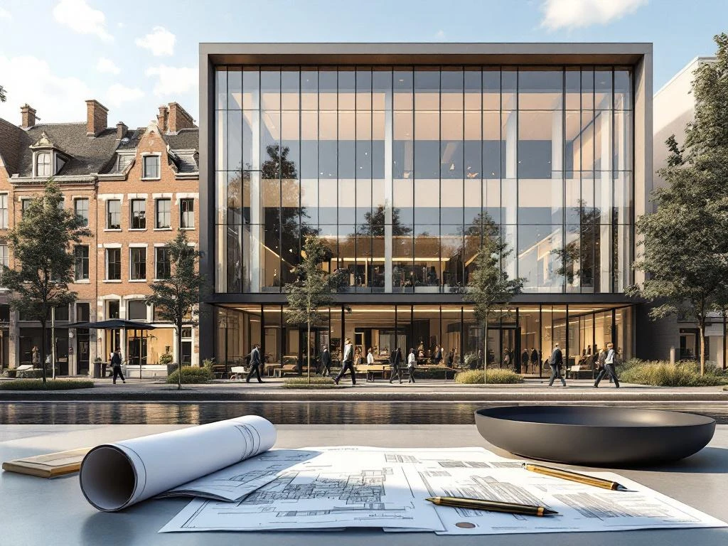 Moderne bankgebouw met glazen gevel naast Amsterdamse grachtenpanden, met blauwdrukken en financiële documenten op voorgrond.