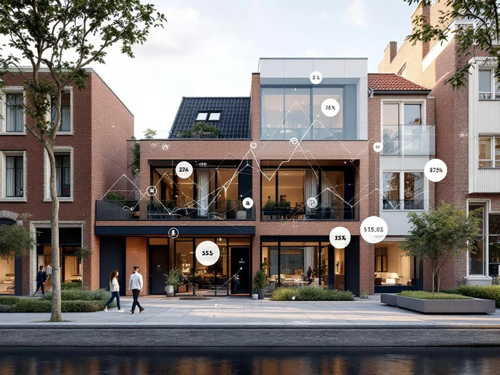 Moderne Amsterdam grachtenpand met transparante property valuation overlay, prijsindicatoren en datavisualisatie elementen