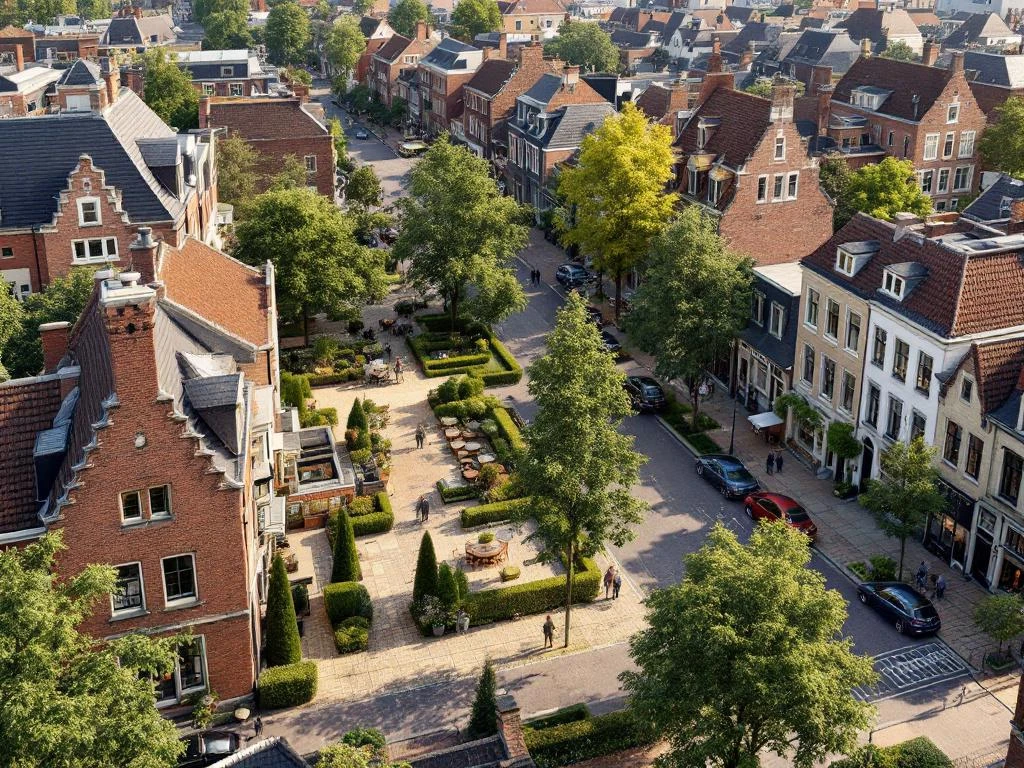 Luchtfoto van Watergraafsmeer Amsterdam met 1930s bakstenen architectuur, groene parken en karakteristieke Nederlandse woonstraten