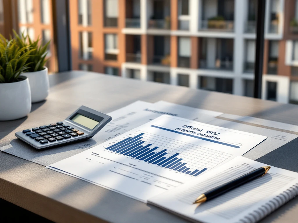 Moderne Amsterdam appartementen met WOZ-documenten en rekenmachine op bureau voor vastgoedwaardering