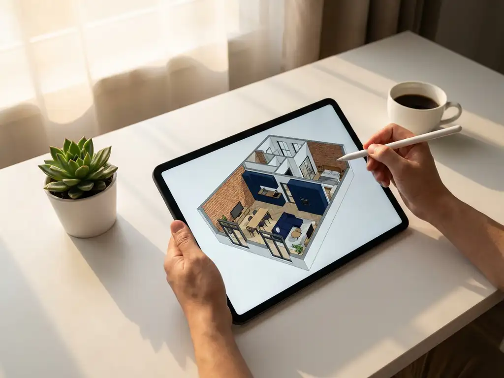 Handen houden tablet met 3D plattegrond Amsterdam appartement op wit bureau naast plant en koffiekop