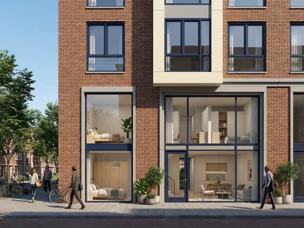 Modern Amsterdam appartementengebouw met grote ramen die interieur tonen, bakstenen gevel, voetgangers op straat
