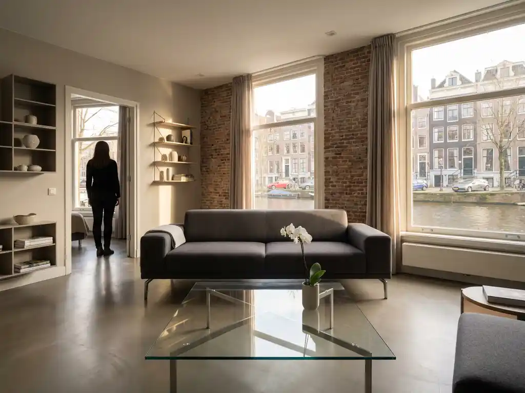 Moderne Amsterdam appartement met strakke bank tegen bakstenen muur, glazen salontafel en natuurlijk licht door ramen.