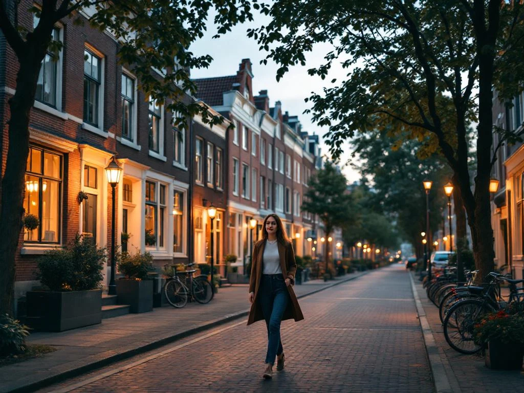 Vrouw wandelt door rustige straat in De Pijp met karakteristieke Amsterdamse bakstenen huizen en fietsen