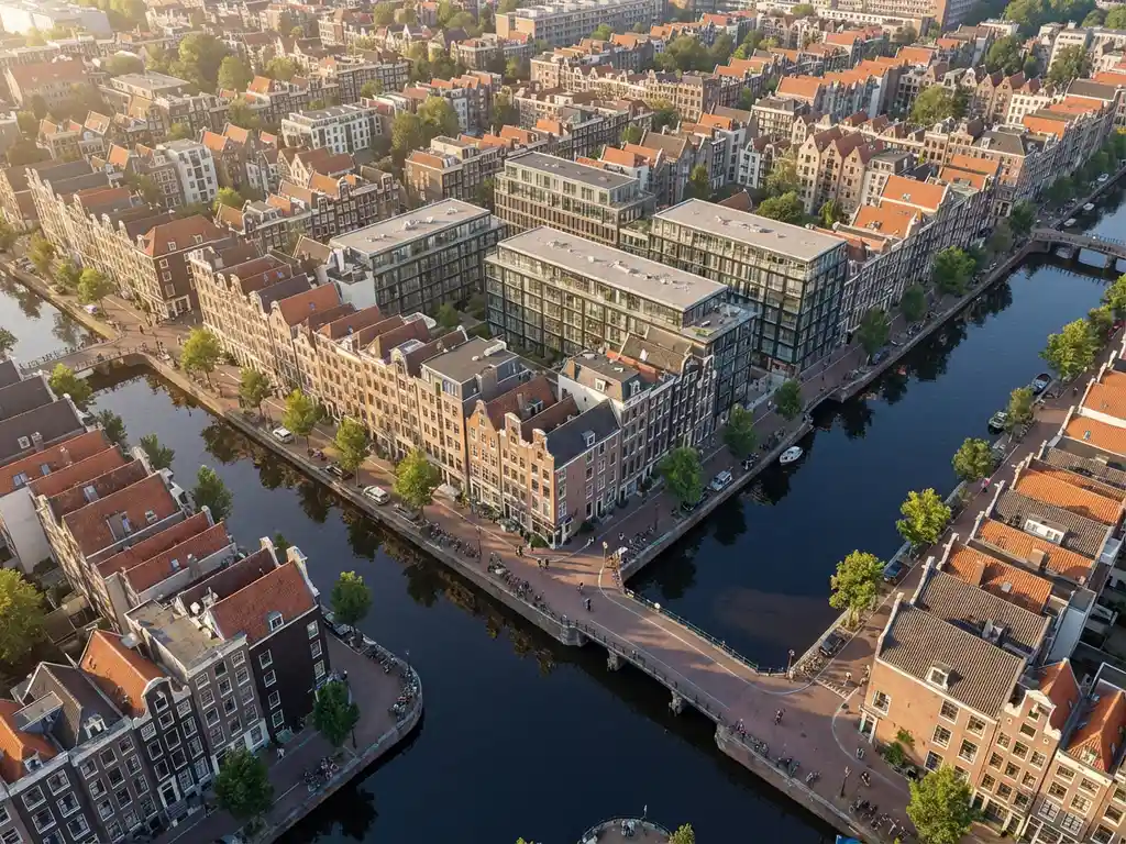 Luchtfoto van Amsterdam's historische grachtengordel met traditionele bakstenen huizen en moderne architectuur