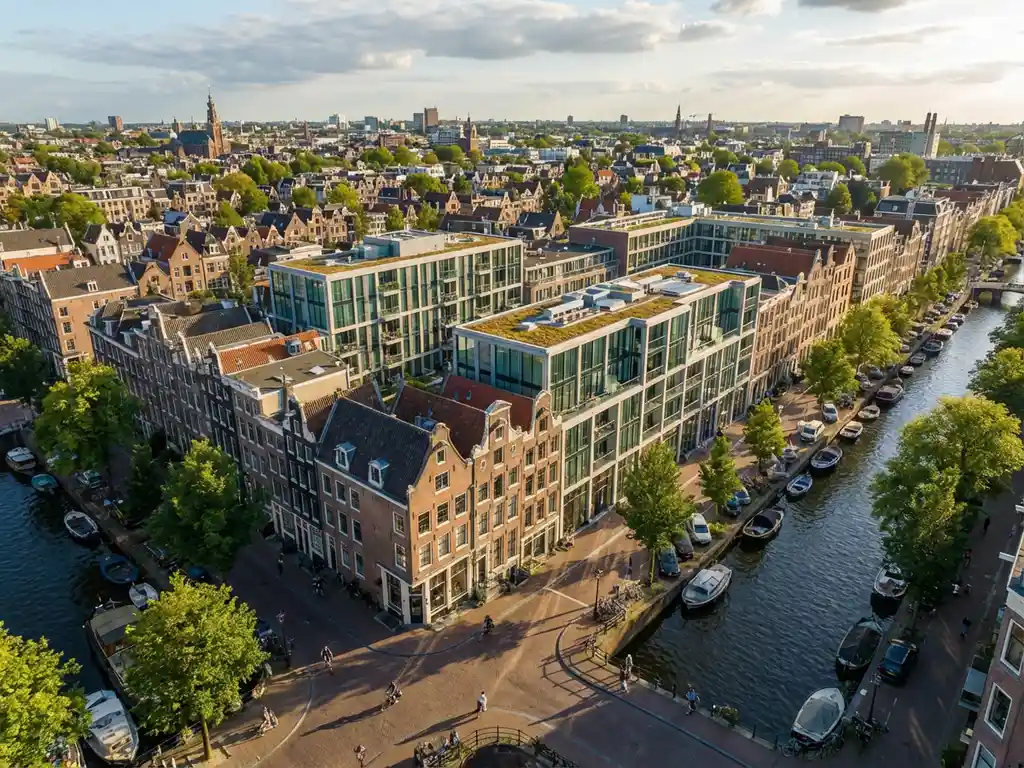 Luchtfoto van Amsterdamse grachten met moderne appartementen tussen historische grachtenpanden en bomen