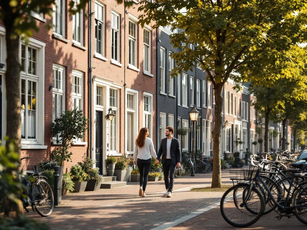 Jong stel wandelt hand in hand door pittoreske straat in Amsterdam De Pijp met rode bakstenen grachtenpanden en fietsen