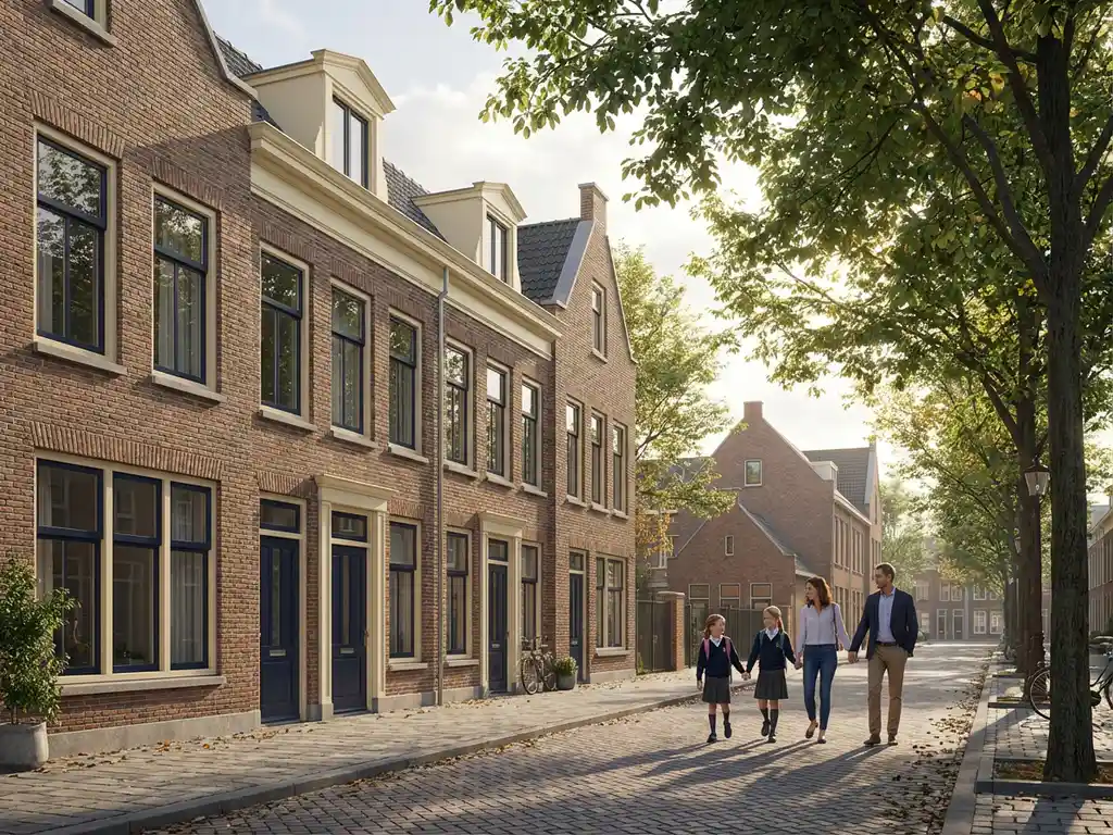 Familie wandelt hand in hand naar school door Amsterdam straat met traditionele grachtenpanden en bomen