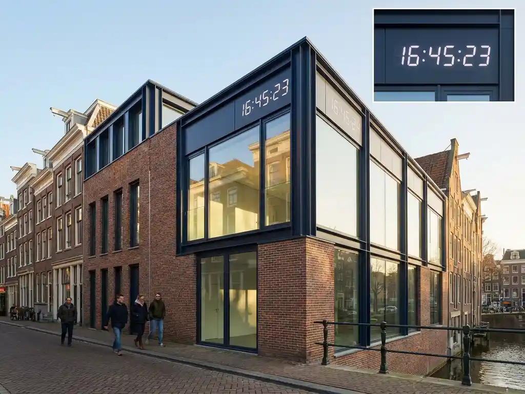 Moderne glazen Amsterdam grachtenpand met traditionele bakstenen details en geïntegreerde digitale klok, mensen op straat.