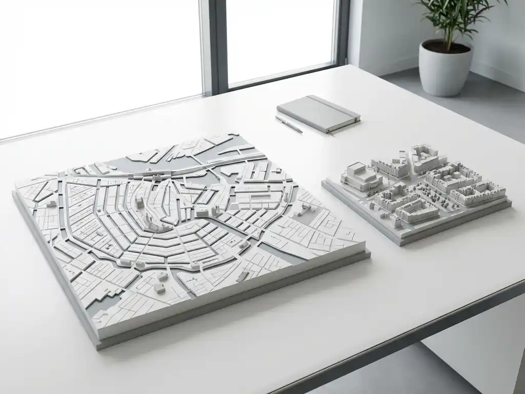 Architectuurmodellen van Amsterdamse grachtengordel en Oud-Zuid op wit bureau in minimalistisch kantoor