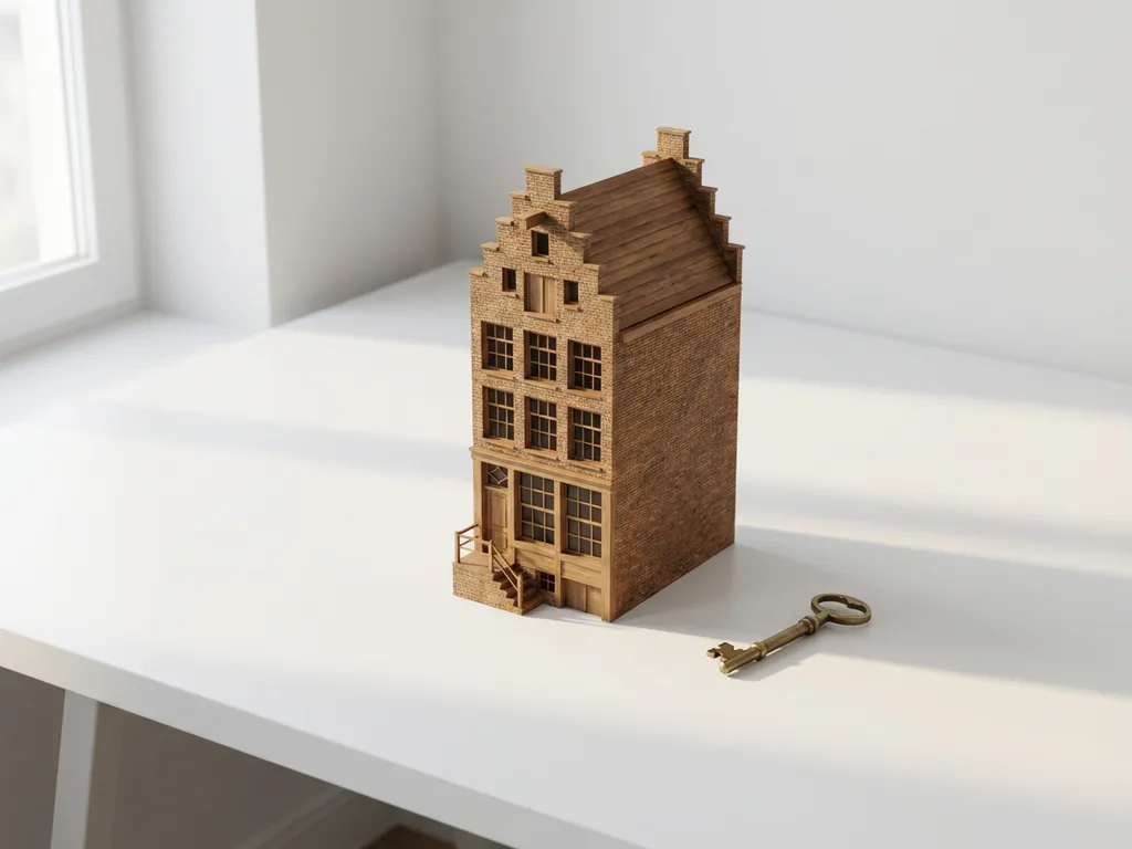 Architectuurmodel van klassiek Amsterdams grachtenpand met sleutel op wit bureau, warme baksteentinten, natuurlijk licht