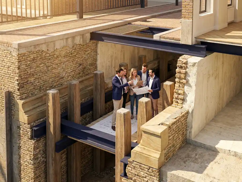 Doorsnede Amsterdam grachtenpand met zichtbare bakstenen fundering en bewoners die bouwplannen bekijken op straatniveau
