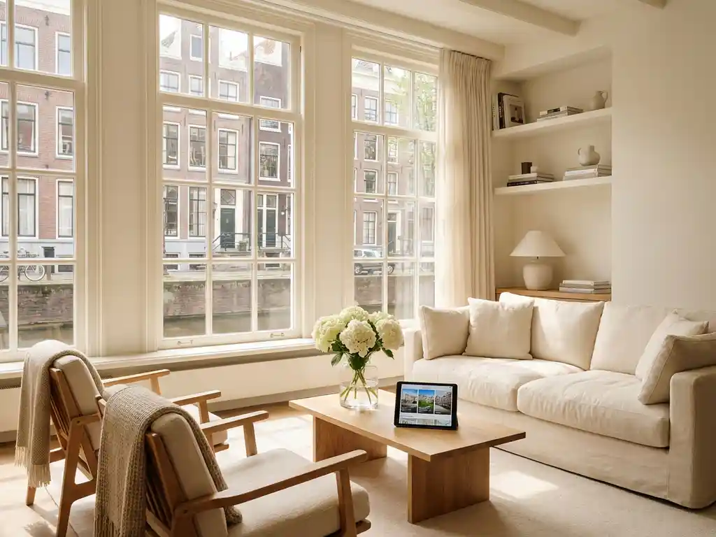 Gestileerde woonkamer in Amsterdam grachtenpand met moderne meubels, witte bloemen en tablet van makelaar op tafel