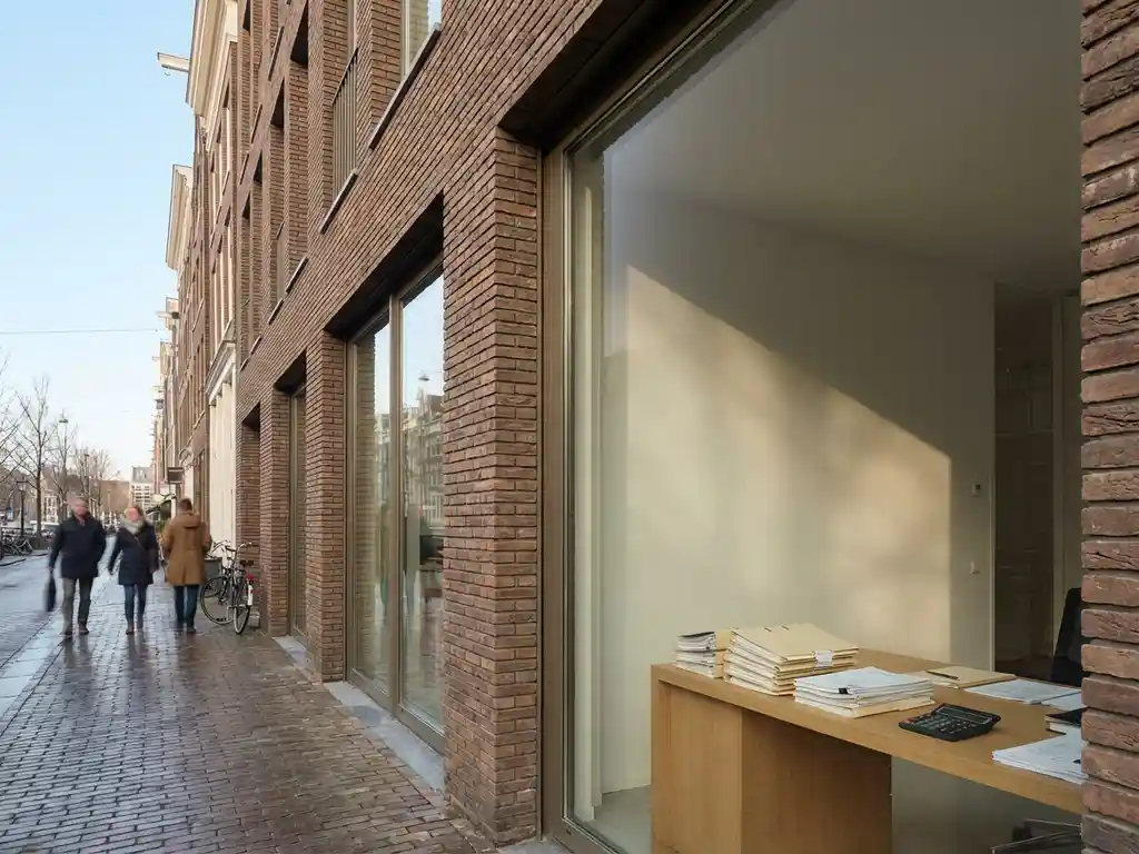 Modern Amsterdam grachtenpand met bakstenen gevel, houten bureau met financiële documenten zichtbaar door raam, voetgangers op straat