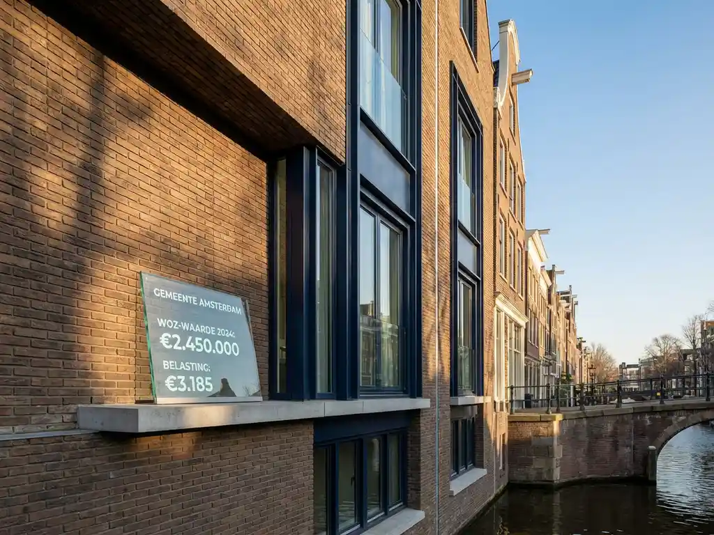 Modern Amsterdam grachtenpand met geometrische lijnen en glazen tablet met belastinginformatie op betonnen richel