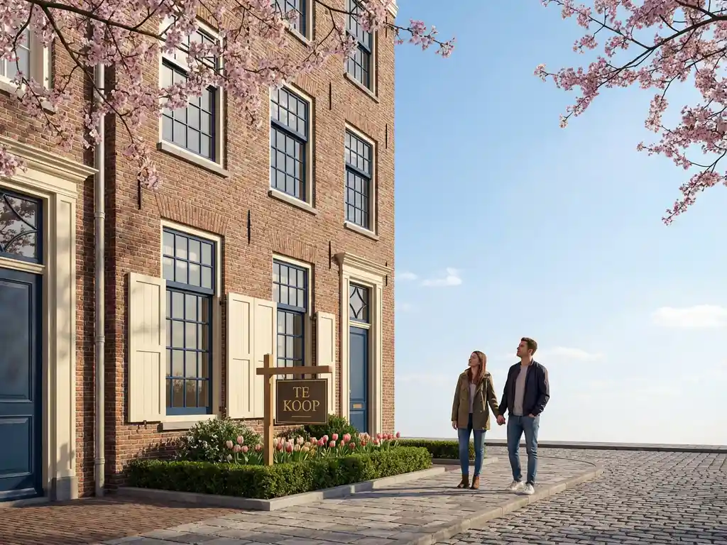 Amsterdam grachtenpand met "Te Koop" bord in voortuin, bloeiende kersenbomen, stel bekijkt woning op kasseienstraat