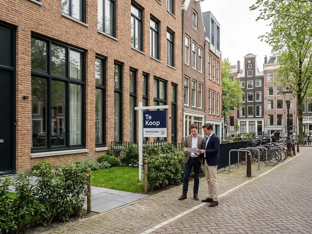 Moderne Amsterdamse grachtenpand met "Te Koop" bord, jong stel bekijkt documenten op boomrijke straat met fietsen