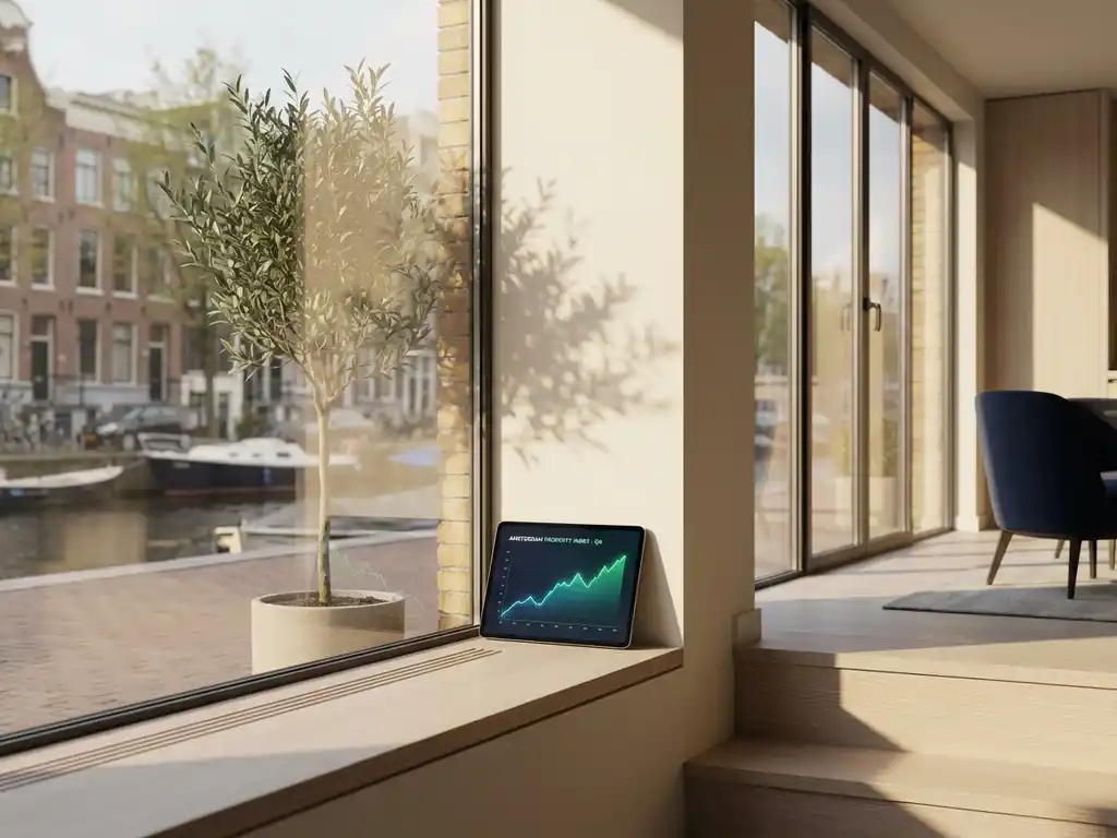 Moderne Amsterdamse grachtenpand met tablet met stijgende prijsgrafieken op vensterbank, warme middaglicht door raam