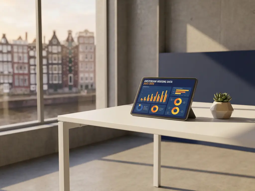 Tablet met kleurrijke Amsterdam woningdata grafieken op wit bureau naast vetplant, met Amsterdamse grachtenhuizen op achtergrond