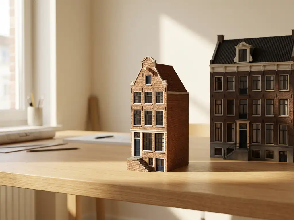 Gedetailleerd architectuurmodel van Amsterdam grachtenpand op houten bureau naast groter Dutch huis model in kantoor