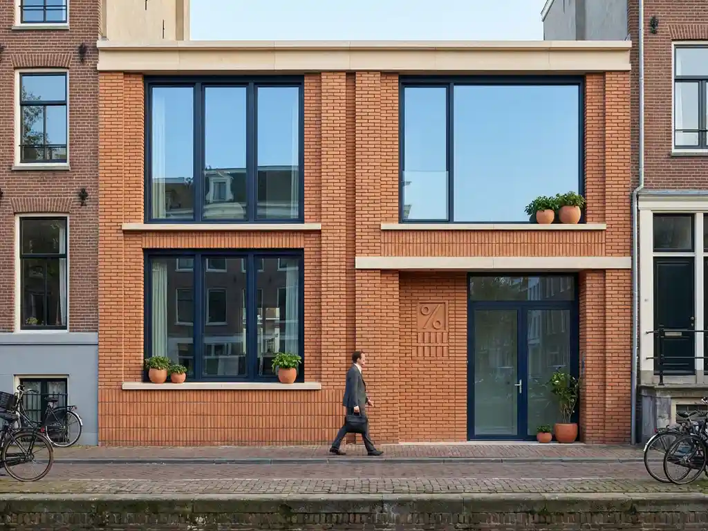 Moderne Amsterdam grachtenpand met geometrische lijnen, terracotta baksteen en 8% symbool in gevel architectuur
