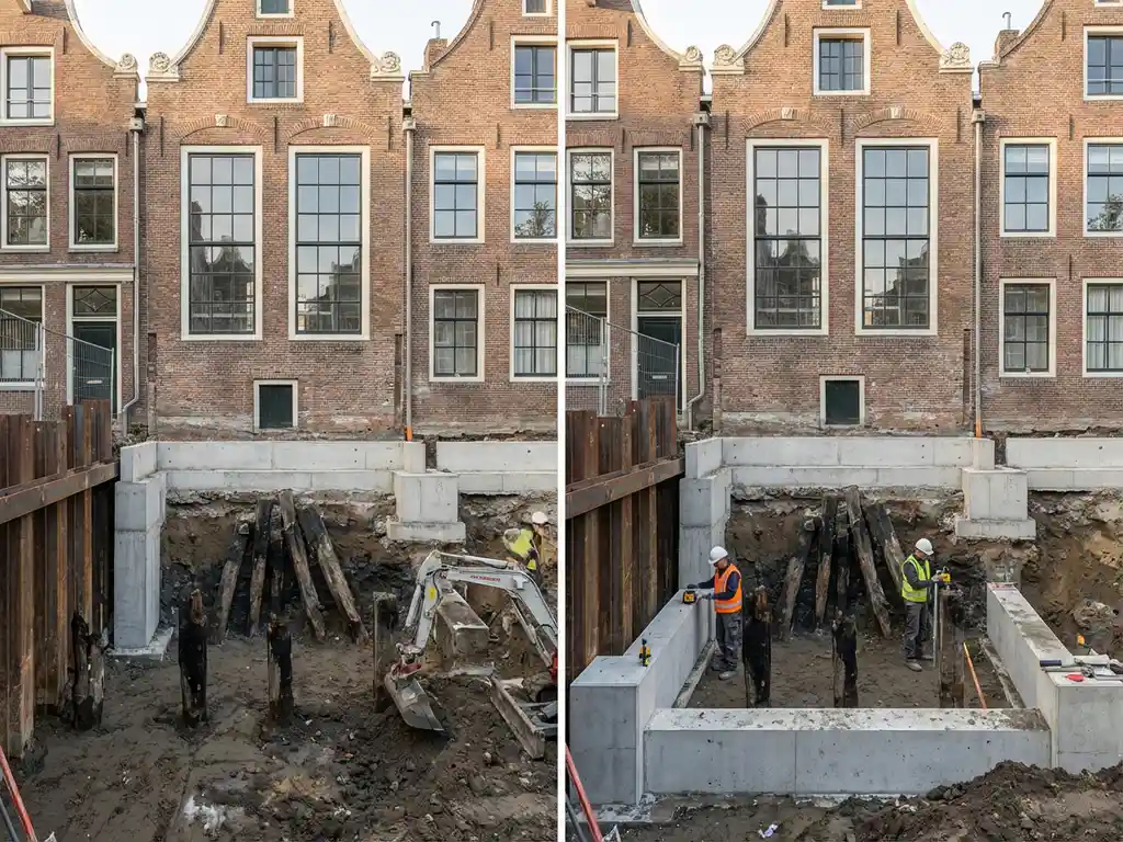 Werknemers renoveren fundering van Amsterdams grachtenpand met houten palen en beton zichtbaar in bouwput