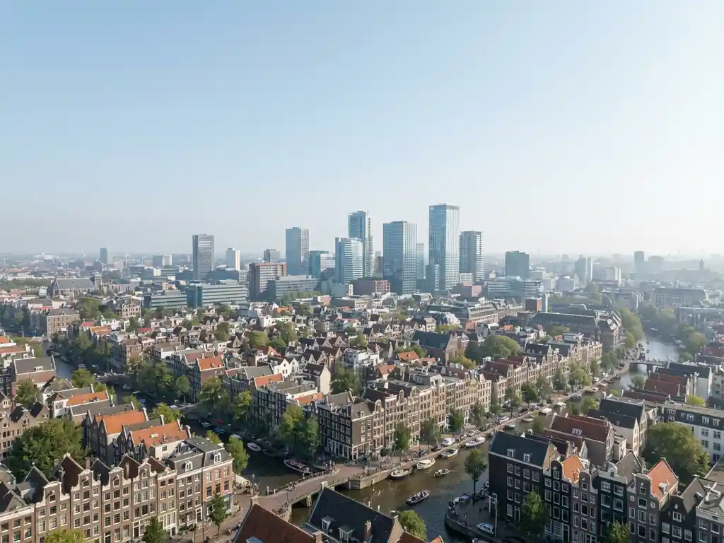 Luchtfoto van Amsterdam met traditionele grachtenpanden op de voorgrond en moderne wolkenkrabbers op de achtergrond