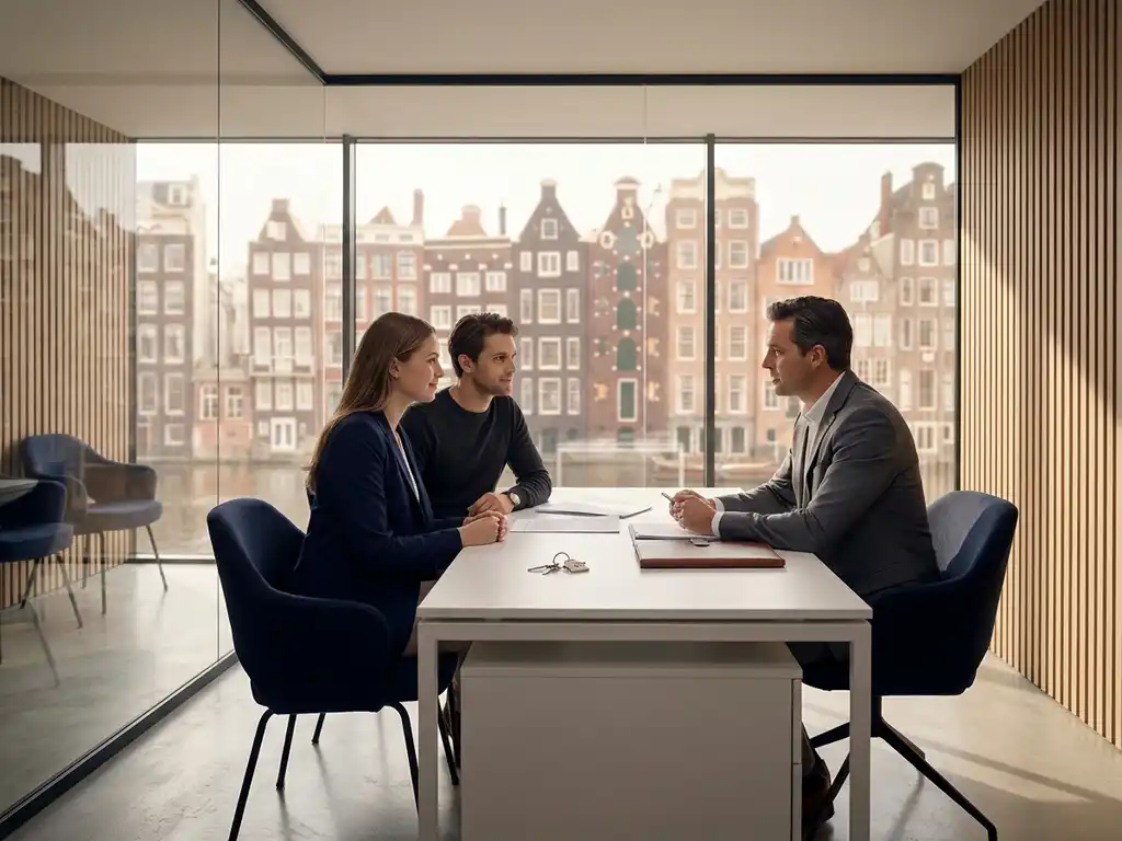 Stel ontmoet makelaar in modern kantoor met Amsterdamse grachtenhuizen op achtergrond, huissleutels op bureau