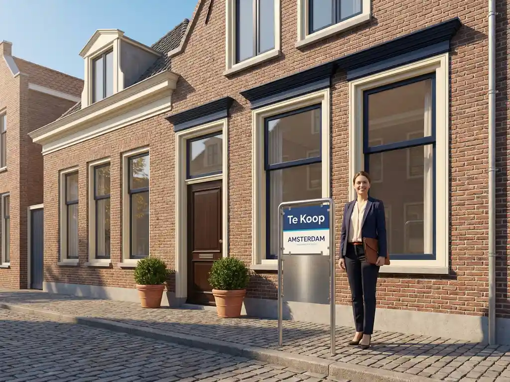 Professionele makelaar met portfolio voor Amsterdam grachtenpand met Te Koop bord op kinderkopjes straat