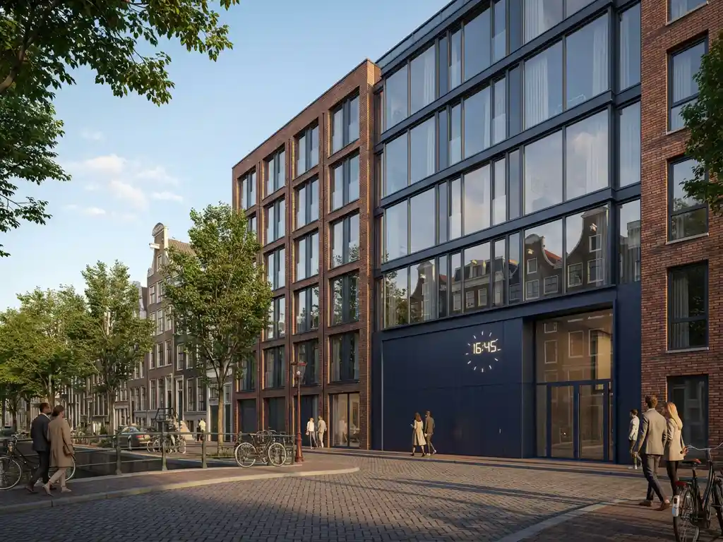 Modern glazen appartementengebouw in Amsterdam met traditionele grachtenpanden gereflecteerd in de ramen